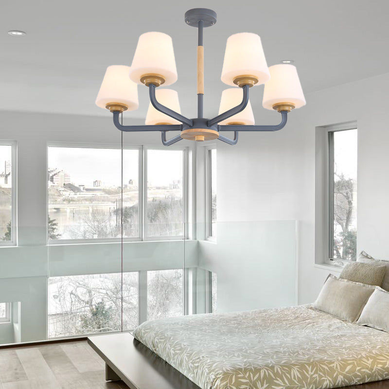 Cone Chandelier Light Fixture Modernism White Glass 3/5/6 Lights Hanging Ceiling Light in Grey/White/Green for Bedroom 6 Grey Clearhalo 'Ceiling Lights' 'Chandeliers' 'Modern Chandeliers' 'Modern' Lighting' 206076