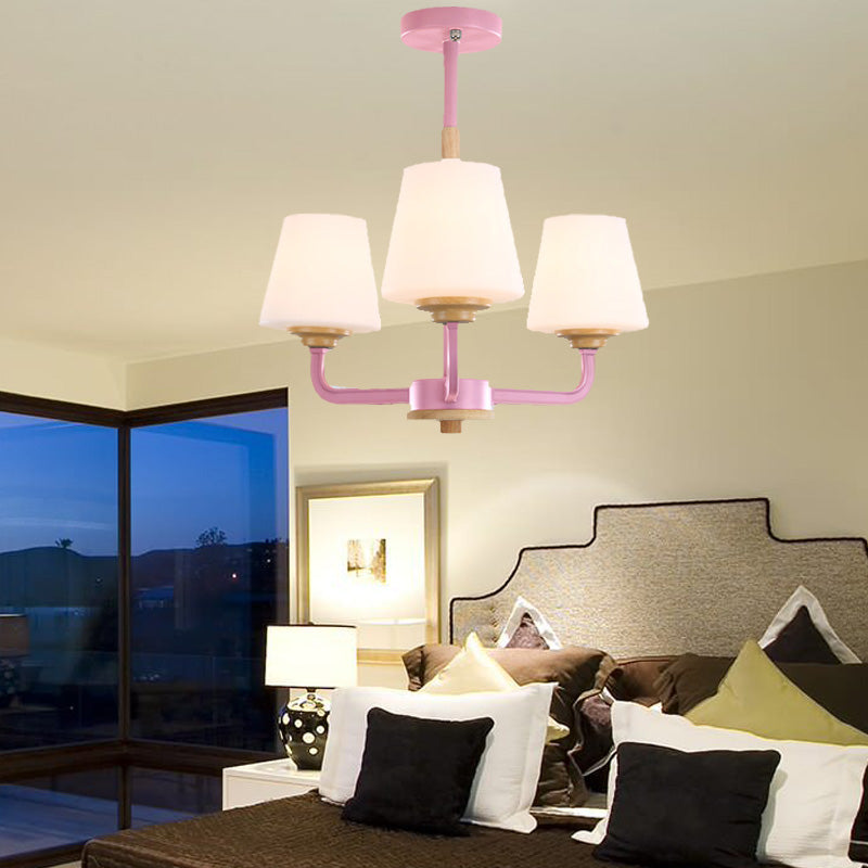 Cone Chandelier Light Fixture Modernism White Glass 3/5/6 Lights Hanging Ceiling Light in Grey/White/Green for Bedroom 3 Pink Clearhalo 'Ceiling Lights' 'Chandeliers' 'Modern Chandeliers' 'Modern' Lighting' 206085