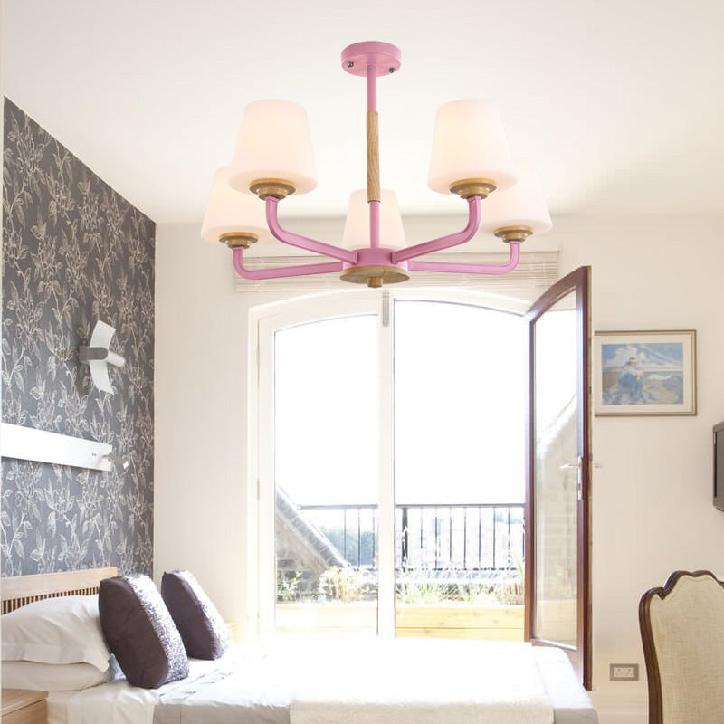 Cone Chandelier Light Fixture Modernism White Glass 3/5/6 Lights Hanging Ceiling Light in Grey/White/Green for Bedroom 5 Pink Clearhalo 'Ceiling Lights' 'Chandeliers' 'Modern Chandeliers' 'Modern' Lighting' 206088