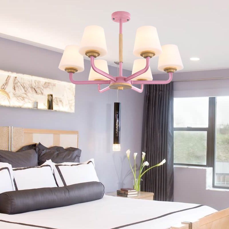 Cone Chandelier Light Fixture Modernism White Glass 3/5/6 Lights Hanging Ceiling Light in Grey/White/Green for Bedroom 6 Pink Clearhalo 'Ceiling Lights' 'Chandeliers' 'Modern Chandeliers' 'Modern' Lighting' 206091