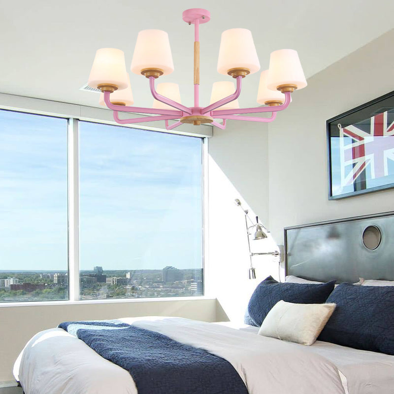 Cone Chandelier Light Fixture Modernism White Glass 3/5/6 Lights Hanging Ceiling Light in Grey/White/Green for Bedroom 8 Pink Clearhalo 'Ceiling Lights' 'Chandeliers' 'Modern Chandeliers' 'Modern' Lighting' 206094