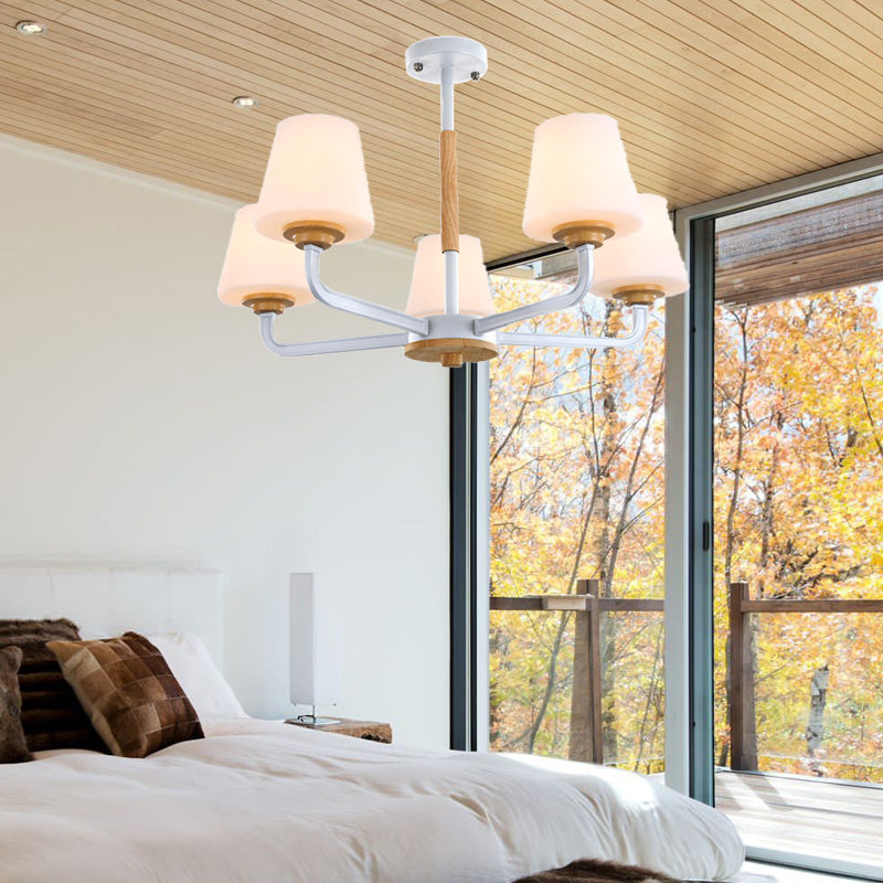 Cone Chandelier Light Fixture Modernism White Glass 3/5/6 Lights Hanging Ceiling Light in Grey/White/Green for Bedroom 5 White Clearhalo 'Ceiling Lights' 'Chandeliers' 'Modern Chandeliers' 'Modern' Lighting' 206100