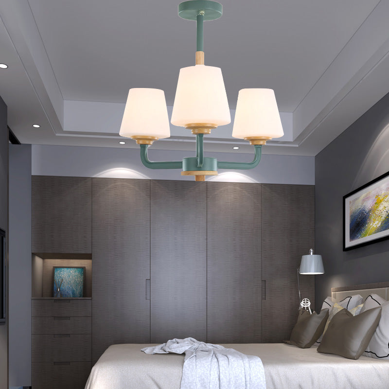 Cone Chandelier Light Fixture Modernism White Glass 3/5/6 Lights Hanging Ceiling Light in Grey/White/Green for Bedroom 3 Green Clearhalo 'Ceiling Lights' 'Chandeliers' 'Modern Chandeliers' 'Modern' Lighting' 206109