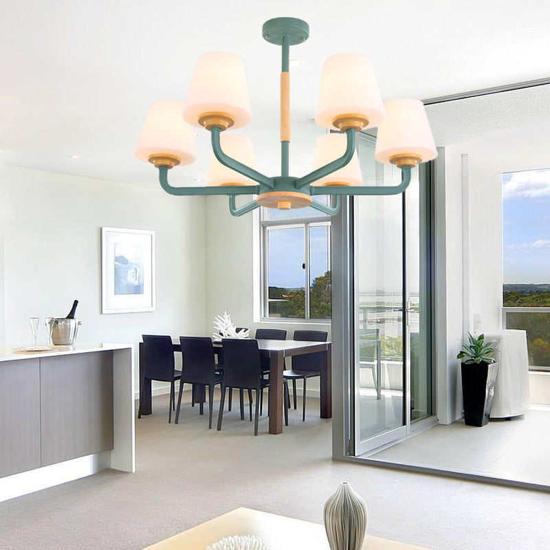 Cone Chandelier Light Fixture Modernism White Glass 3/5/6 Lights Hanging Ceiling Light in Grey/White/Green for Bedroom 6 Green Clearhalo 'Ceiling Lights' 'Chandeliers' 'Modern Chandeliers' 'Modern' Lighting' 206115