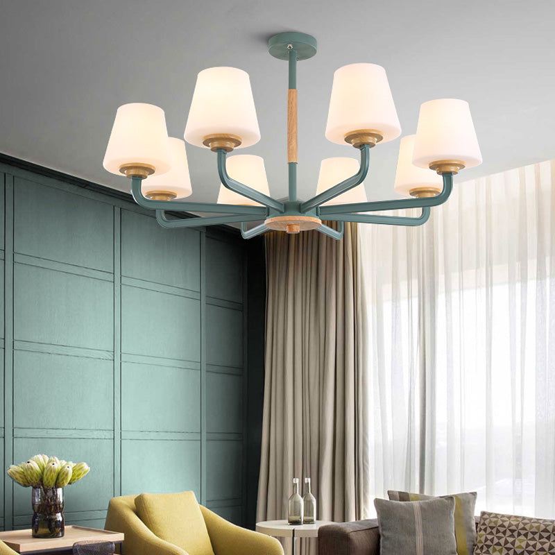 Cone Chandelier Light Fixture Modernism White Glass 3/5/6 Lights Hanging Ceiling Light in Grey/White/Green for Bedroom 8 Green Clearhalo 'Ceiling Lights' 'Chandeliers' 'Modern Chandeliers' 'Modern' Lighting' 206118