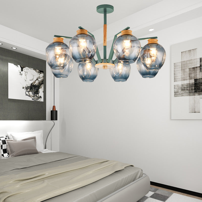 Modernism Starburst Chandelier Pendant Light Dimpled Blown Glass 6/8/10 Lights Hanging Ceiling Light in Grey/Green 8 Green Clearhalo 'Ceiling Lights' 'Chandeliers' 'Glass shade' 'Glass' 'Modern Chandeliers' 'Modern' Lighting' 206137