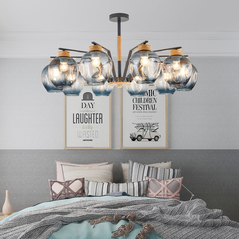 Modernism Starburst Chandelier Pendant Light Dimpled Blown Glass 6/8/10 Lights Hanging Ceiling Light in Grey/Green 10 Grey Clearhalo 'Ceiling Lights' 'Chandeliers' 'Glass shade' 'Glass' 'Modern Chandeliers' 'Modern' Lighting' 206143