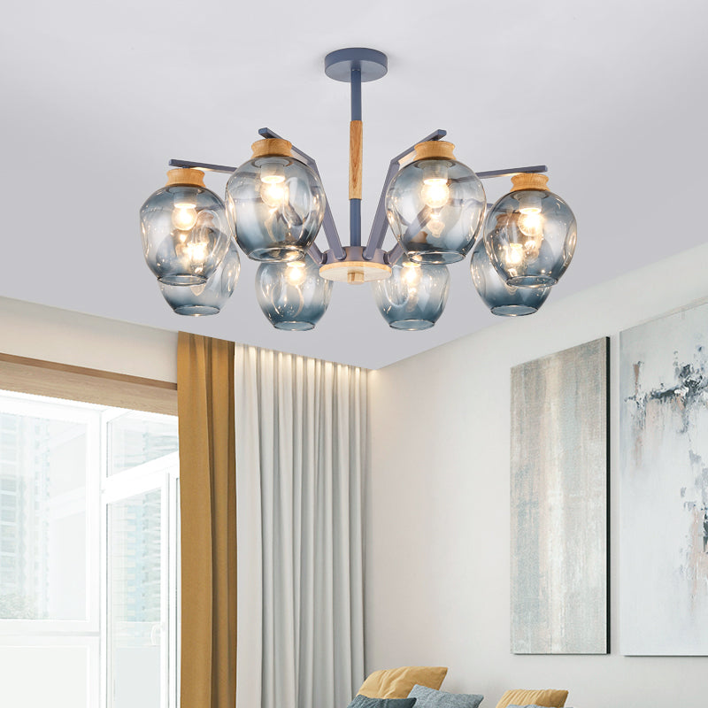 Modernism Starburst Chandelier Pendant Light Dimpled Blown Glass 6/8/10 Lights Hanging Ceiling Light in Grey/Green 8 Grey Clearhalo 'Ceiling Lights' 'Chandeliers' 'Glass shade' 'Glass' 'Modern Chandeliers' 'Modern' Lighting' 206145