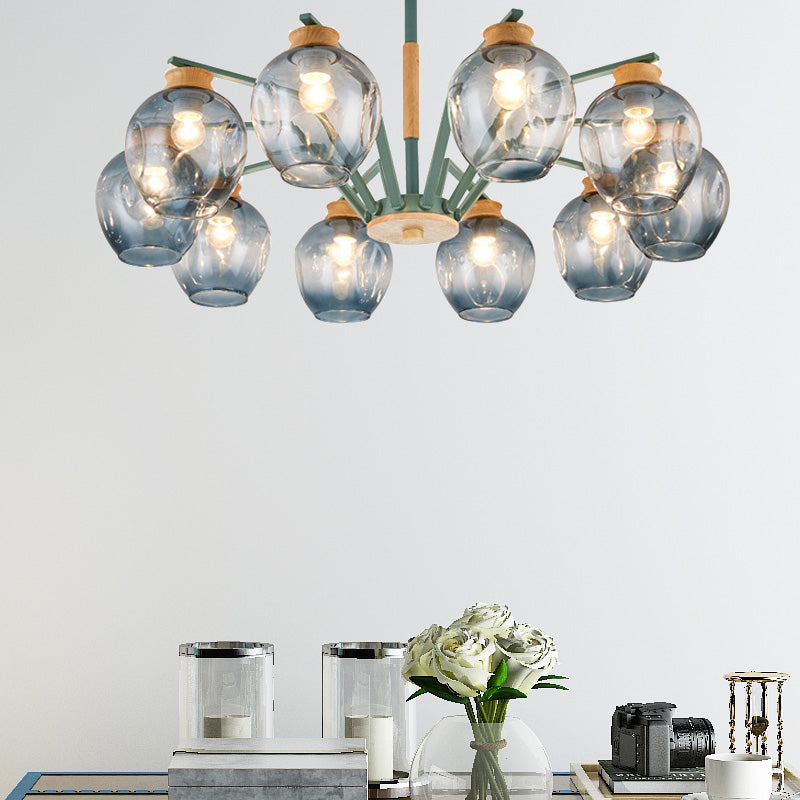 Modernism Starburst Chandelier Pendant Light Dimpled Blown Glass 6/8/10 Lights Hanging Ceiling Light in Grey/Green 10 Green Clearhalo 'Ceiling Lights' 'Chandeliers' 'Glass shade' 'Glass' 'Modern Chandeliers' 'Modern' Lighting' 206152