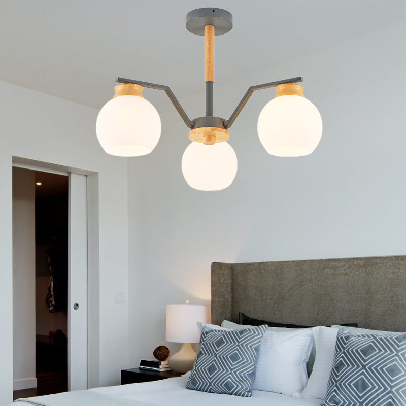 3/5/6 Lights Globe Pendant Chandelier Contemporary Milk Glass Hanging Pendant Light in Grey for Bedroom 3 Grey Clearhalo 'Ceiling Lights' 'Chandeliers' 'Glass shade' 'Glass' 'Modern Chandeliers' 'Modern' Lighting' 206172