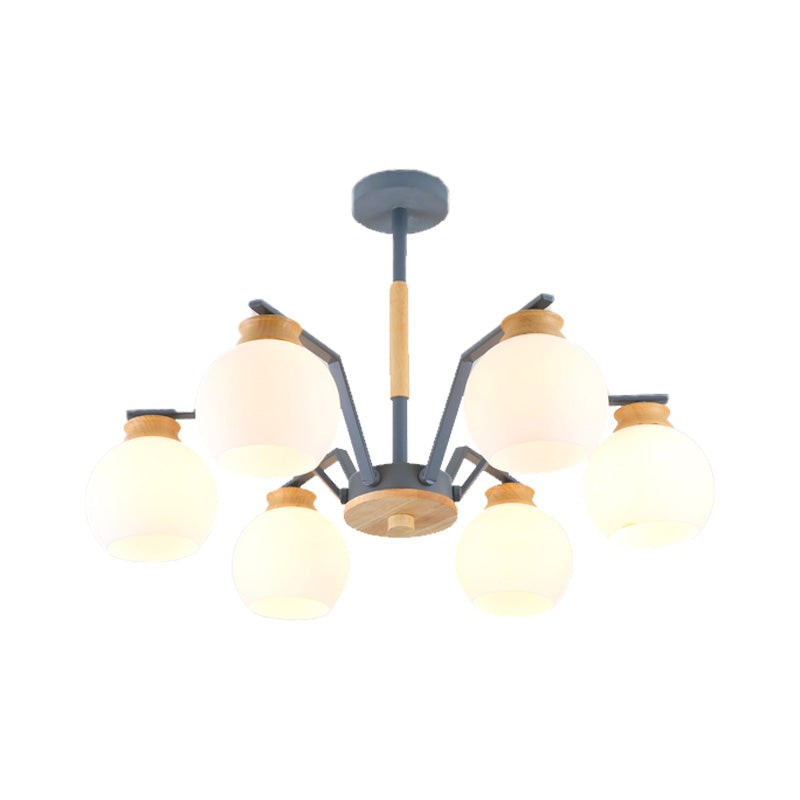 3/5/6 Lights Globe Pendant Chandelier Contemporary Milk Glass Hanging Pendant Light in Grey for Bedroom Clearhalo 'Ceiling Lights' 'Chandeliers' 'Glass shade' 'Glass' 'Modern Chandeliers' 'Modern' Lighting' 206181