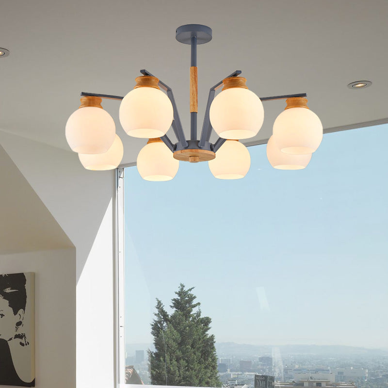 3/5/6 Lights Globe Pendant Chandelier Contemporary Milk Glass Hanging Pendant Light in Grey for Bedroom 8 Grey Clearhalo 'Ceiling Lights' 'Chandeliers' 'Glass shade' 'Glass' 'Modern Chandeliers' 'Modern' Lighting' 206183