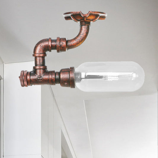 1 Light Ceiling Light Fixture Oval Shade Clear Glass Industrial Bathroom Semi Flush in Weathered Copper with Pipe Design Clearhalo 'Ceiling Lights' 'Close To Ceiling Lights' 'Close to ceiling' 'Semi-flushmount' Lighting' 206188