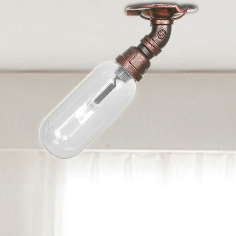 1 Light Ceiling Light Fixture Oval Shade Clear Glass Industrial Bathroom Semi Flush in Weathered Copper with Pipe Design Clearhalo 'Ceiling Lights' 'Close To Ceiling Lights' 'Close to ceiling' 'Semi-flushmount' Lighting' 206189