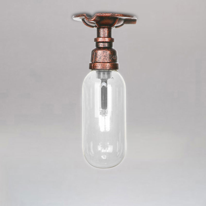 1 Light Ceiling Light Fixture Oval Shade Clear Glass Industrial Bathroom Semi Flush in Weathered Copper with Pipe Design Clearhalo 'Ceiling Lights' 'Close To Ceiling Lights' 'Close to ceiling' 'Semi-flushmount' Lighting' 206190