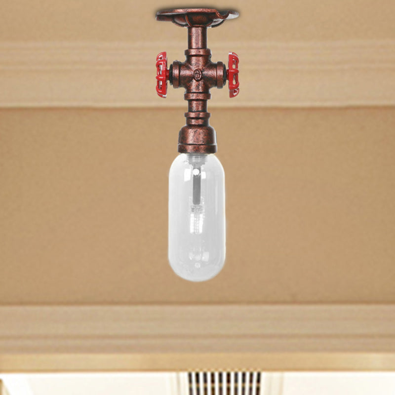 1 Light Ceiling Light Fixture Oval Shade Clear Glass Industrial Bathroom Semi Flush in Weathered Copper with Pipe Design Clearhalo 'Ceiling Lights' 'Close To Ceiling Lights' 'Close to ceiling' 'Semi-flushmount' Lighting' 206191