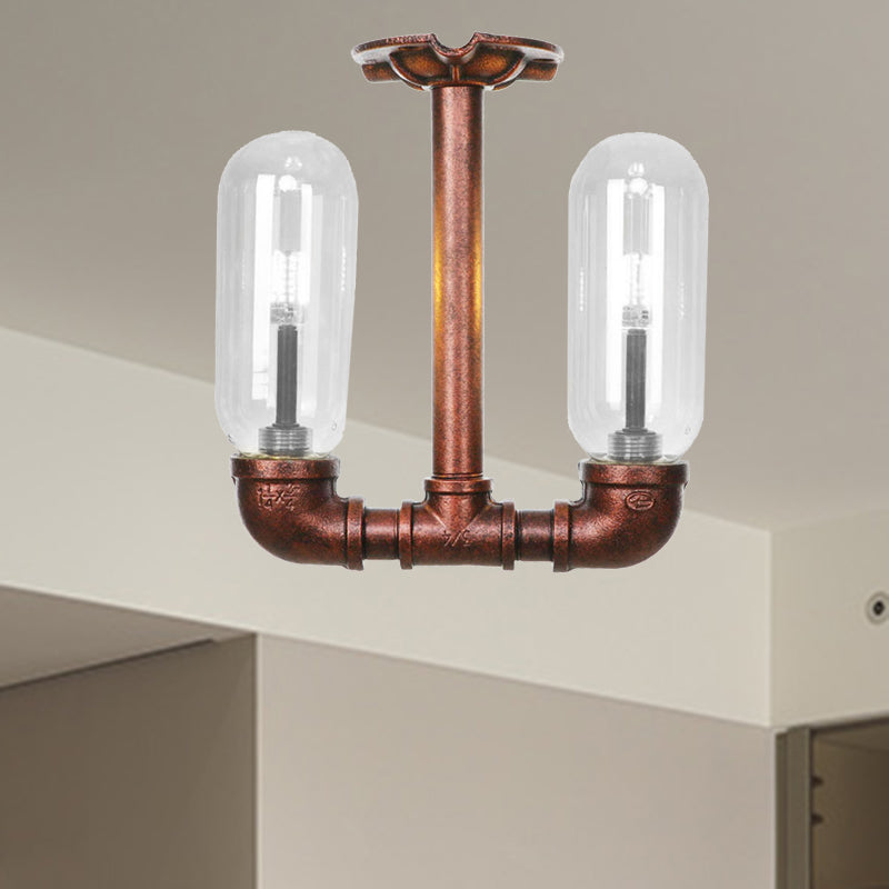 Capsule Dining Room Semi Flush Industrial Clear Glass 2 Lights Weathered Copper Ceiling Lighting with Pipe Design Weathered Copper B Clearhalo 'Ceiling Lights' 'Close To Ceiling Lights' 'Close to ceiling' 'Semi-flushmount' Lighting' 206192