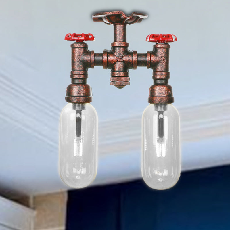 Capsule Dining Room Semi Flush Industrial Clear Glass 2 Lights Weathered Copper Ceiling Lighting with Pipe Design Clearhalo 'Ceiling Lights' 'Close To Ceiling Lights' 'Close to ceiling' 'Semi-flushmount' Lighting' 206194