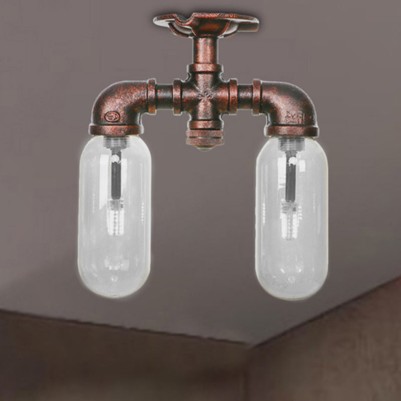 Capsule Dining Room Semi Flush Industrial Clear Glass 2 Lights Weathered Copper Ceiling Lighting with Pipe Design Clearhalo 'Ceiling Lights' 'Close To Ceiling Lights' 'Close to ceiling' 'Semi-flushmount' Lighting' 206195