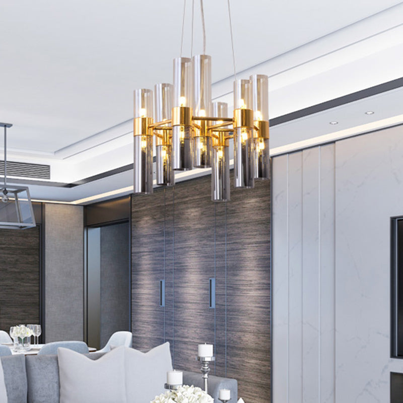 Gold Pipe Chandelier Light Fixture Modernism Smoke Glass 14/24/26 Lights Pendant Light Fixture for Bedroom 14 Gold Clearhalo 'Ceiling Lights' 'Chandeliers' 'Modern Chandeliers' 'Modern' Lighting' 206219