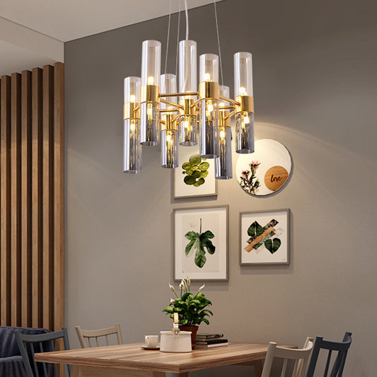 Gold Pipe Chandelier Light Fixture Modernism Smoke Glass 14/24/26 Lights Pendant Light Fixture for Bedroom Clearhalo 'Ceiling Lights' 'Chandeliers' 'Modern Chandeliers' 'Modern' Lighting' 206220