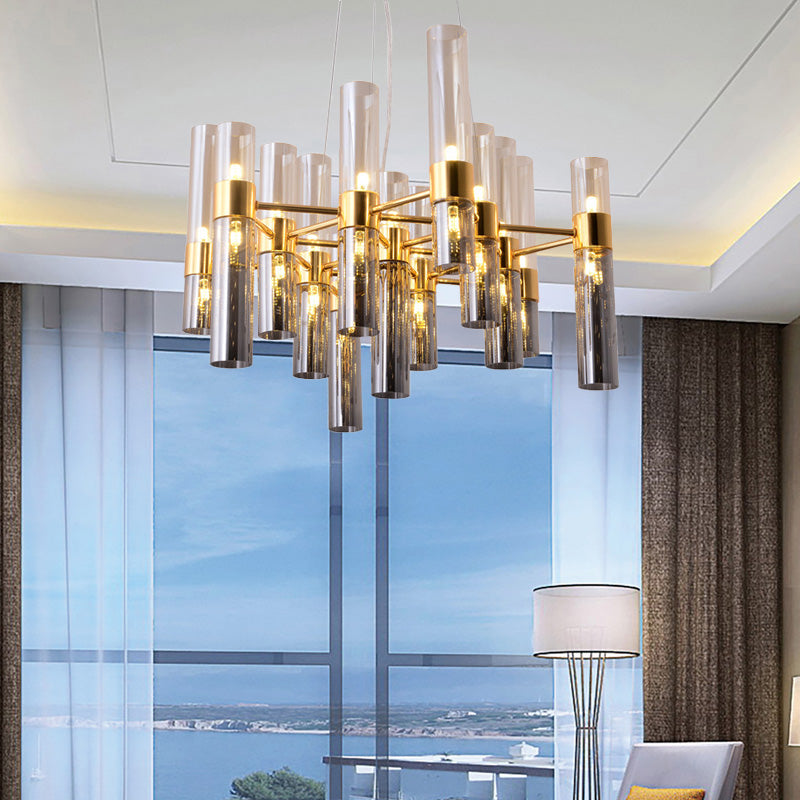 Gold Pipe Chandelier Light Fixture Modernism Smoke Glass 14/24/26 Lights Pendant Light Fixture for Bedroom 24 Gold Clearhalo 'Ceiling Lights' 'Chandeliers' 'Modern Chandeliers' 'Modern' Lighting' 206223