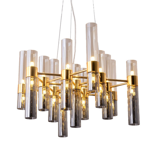 Gold Pipe Chandelier Light Fixture Modernism Smoke Glass 14/24/26 Lights Pendant Light Fixture for Bedroom Clearhalo 'Ceiling Lights' 'Chandeliers' 'Modern Chandeliers' 'Modern' Lighting' 206224