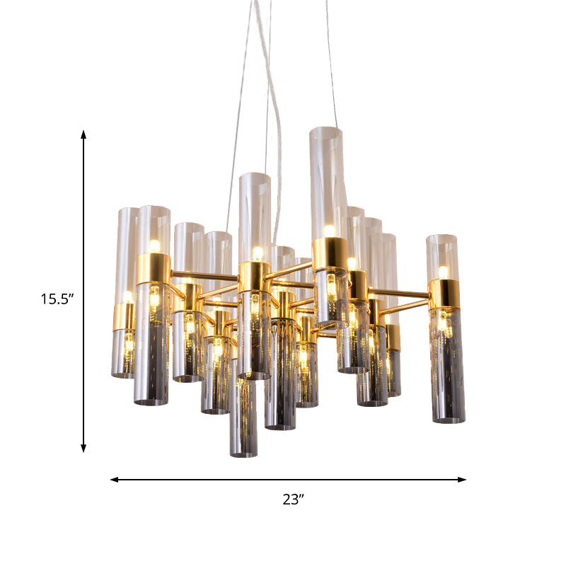 Gold Pipe Chandelier Light Fixture Modernism Smoke Glass 14/24/26 Lights Pendant Light Fixture for Bedroom Clearhalo 'Ceiling Lights' 'Chandeliers' 'Modern Chandeliers' 'Modern' Lighting' 206225