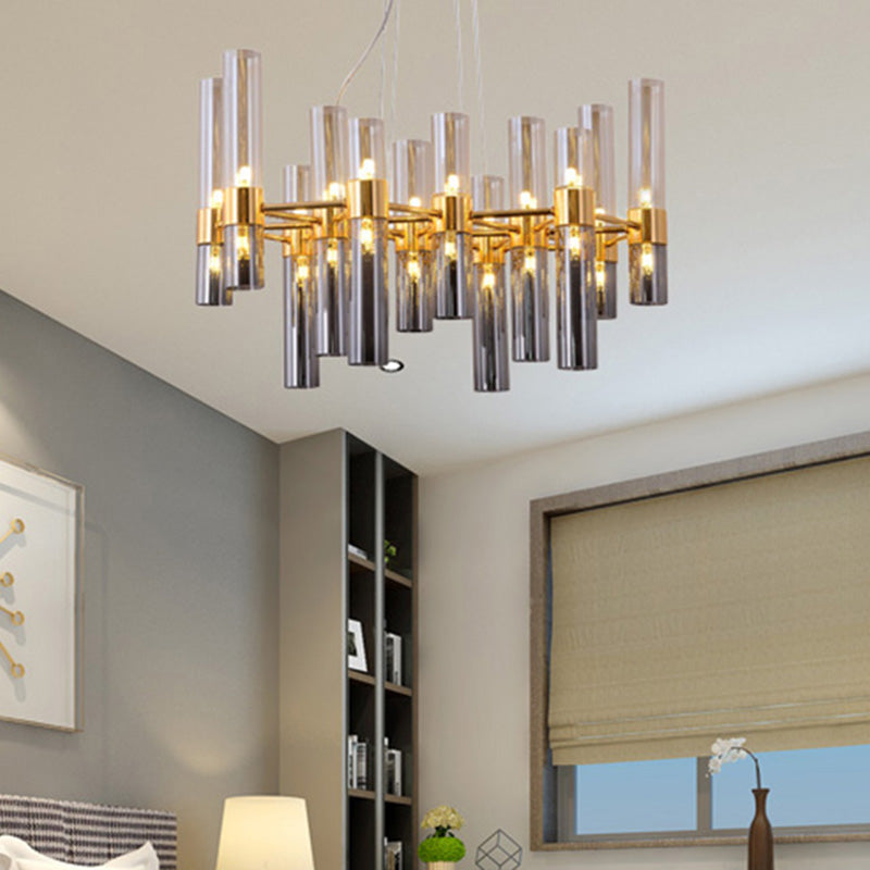 Gold Pipe Chandelier Light Fixture Modernism Smoke Glass 14/24/26 Lights Pendant Light Fixture for Bedroom Clearhalo 'Ceiling Lights' 'Chandeliers' 'Modern Chandeliers' 'Modern' Lighting' 206226