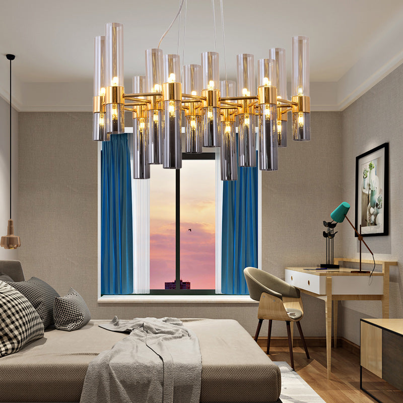 Gold Pipe Chandelier Light Fixture Modernism Smoke Glass 14/24/26 Lights Pendant Light Fixture for Bedroom 38 Gold Clearhalo 'Ceiling Lights' 'Chandeliers' 'Modern Chandeliers' 'Modern' Lighting' 206227