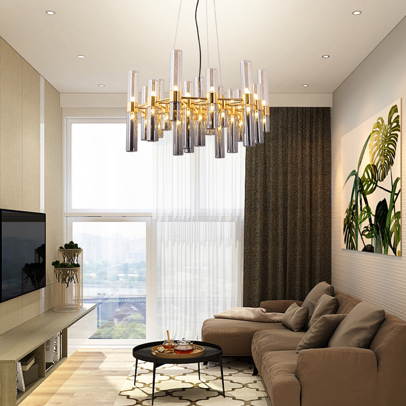 Gold Pipe Chandelier Light Fixture Modernism Smoke Glass 14/24/26 Lights Pendant Light Fixture for Bedroom 26 Gold Clearhalo 'Ceiling Lights' 'Chandeliers' 'Modern Chandeliers' 'Modern' Lighting' 206228