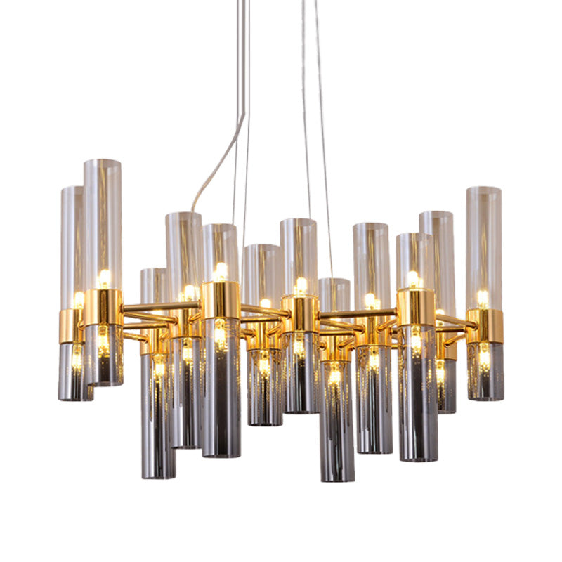 Gold Pipe Chandelier Light Fixture Modernism Smoke Glass 14/24/26 Lights Pendant Light Fixture for Bedroom Clearhalo 'Ceiling Lights' 'Chandeliers' 'Modern Chandeliers' 'Modern' Lighting' 206229