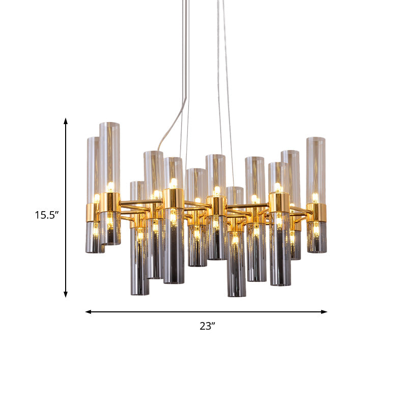 Gold Pipe Chandelier Light Fixture Modernism Smoke Glass 14/24/26 Lights Pendant Light Fixture for Bedroom Clearhalo 'Ceiling Lights' 'Chandeliers' 'Modern Chandeliers' 'Modern' Lighting' 206230