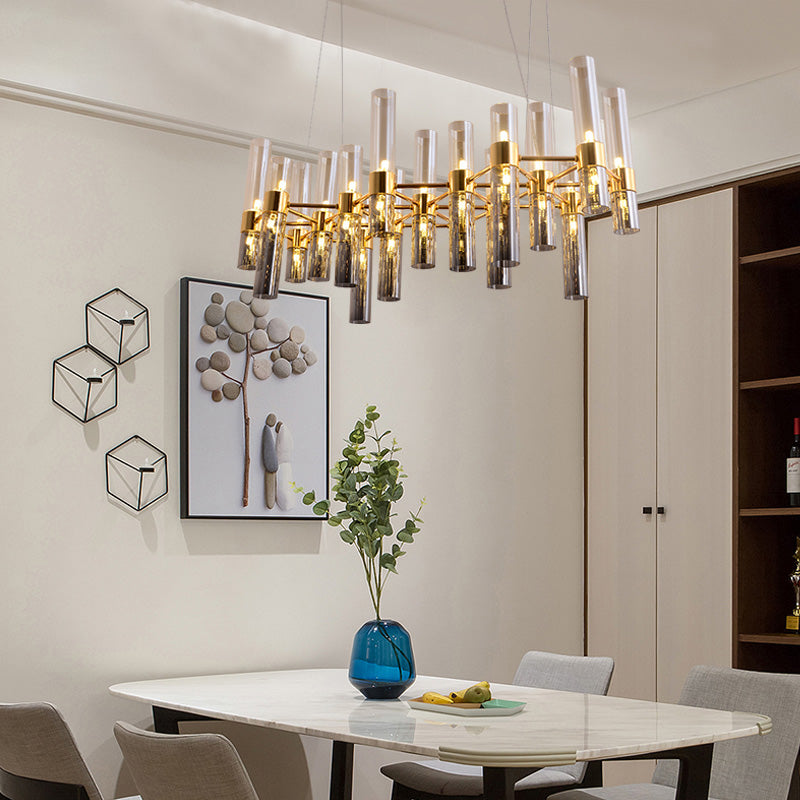 Gold Pipe Chandelier Light Fixture Modernism Smoke Glass 14/24/26 Lights Pendant Light Fixture for Bedroom Clearhalo 'Ceiling Lights' 'Chandeliers' 'Modern Chandeliers' 'Modern' Lighting' 206232