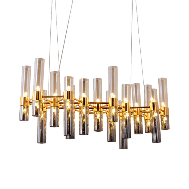 Gold Pipe Chandelier Light Fixture Modernism Smoke Glass 14/24/26 Lights Pendant Light Fixture for Bedroom Clearhalo 'Ceiling Lights' 'Chandeliers' 'Modern Chandeliers' 'Modern' Lighting' 206233