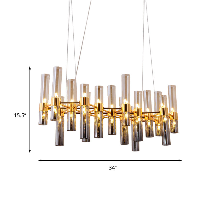 Gold Pipe Chandelier Light Fixture Modernism Smoke Glass 14/24/26 Lights Pendant Light Fixture for Bedroom Clearhalo 'Ceiling Lights' 'Chandeliers' 'Modern Chandeliers' 'Modern' Lighting' 206234