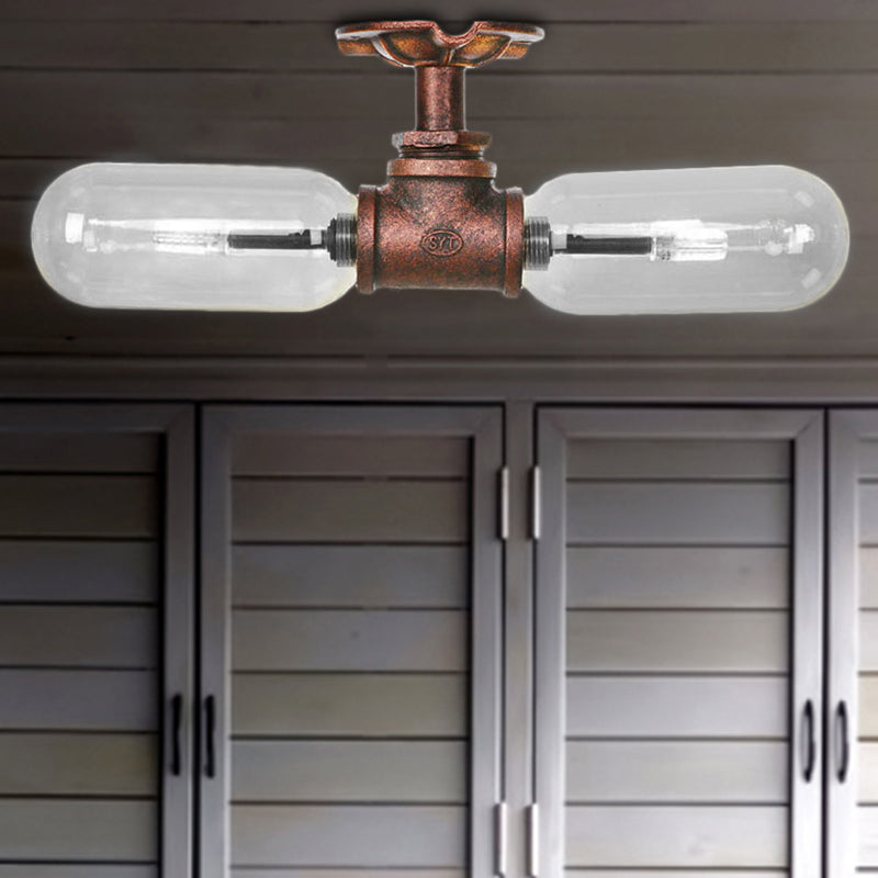 Capsule Shade Living Room Semi Flush Light Vintage Clear Glass 2-Light Weathered Copper Ceiling Lighting with Pipe Design Weathered Copper C Clearhalo 'Ceiling Lights' 'Close To Ceiling Lights' 'Close to ceiling' 'Semi-flushmount' Lighting' 206248