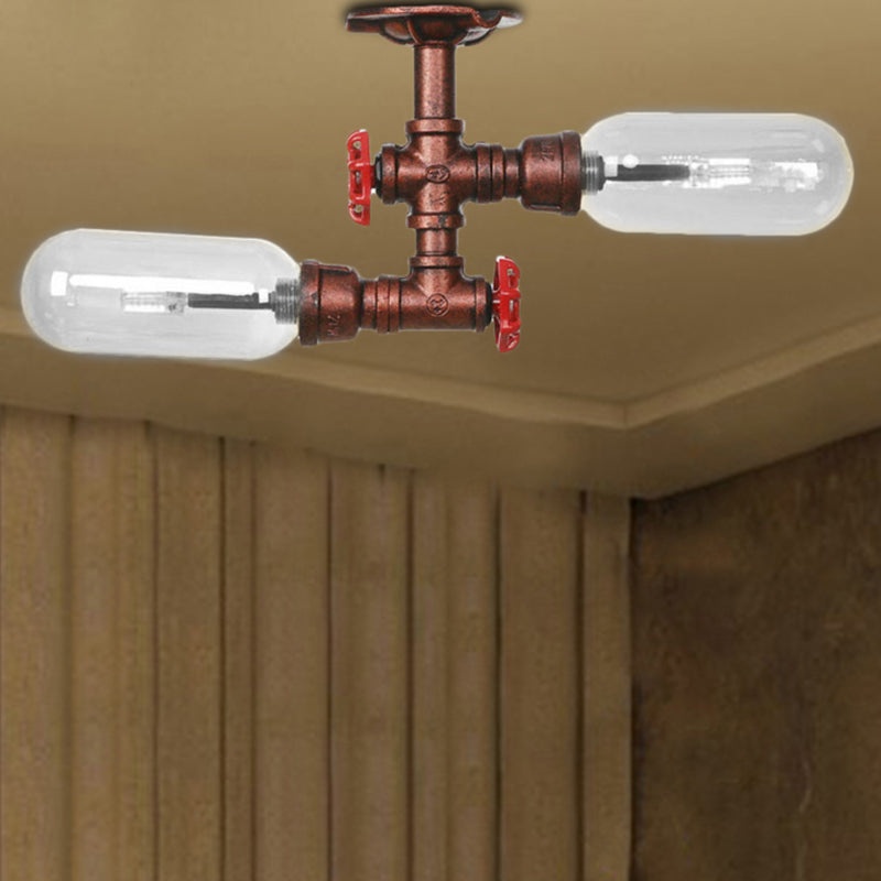 Capsule Shade Living Room Semi Flush Light Vintage Clear Glass 2-Light Weathered Copper Ceiling Lighting with Pipe Design Weathered Copper B Clearhalo 'Ceiling Lights' 'Close To Ceiling Lights' 'Close to ceiling' 'Semi-flushmount' Lighting' 206249