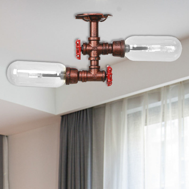 Capsule Shade Living Room Semi Flush Light Vintage Clear Glass 2-Light Weathered Copper Ceiling Lighting with Pipe Design Clearhalo 'Ceiling Lights' 'Close To Ceiling Lights' 'Close to ceiling' 'Semi-flushmount' Lighting' 206250