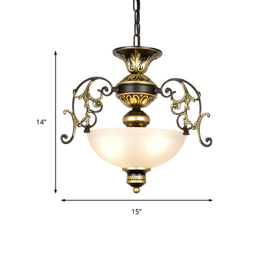 3 Bulbs Bowl Chandelier Light Traditional White/Black Frosted Glass Hanging Ceiling Fixture for Corridor Clearhalo 'Ceiling Lights' 'Chandeliers' Lighting' options 206256