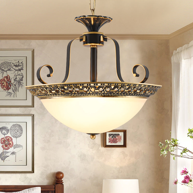 Metal Gray and Black Pendant Lamp Bowl 3 Light Traditional Chandelier Light Fixture with Frosted Glass Shade Clearhalo 'Ceiling Lights' 'Chandeliers' Lighting' options 206269