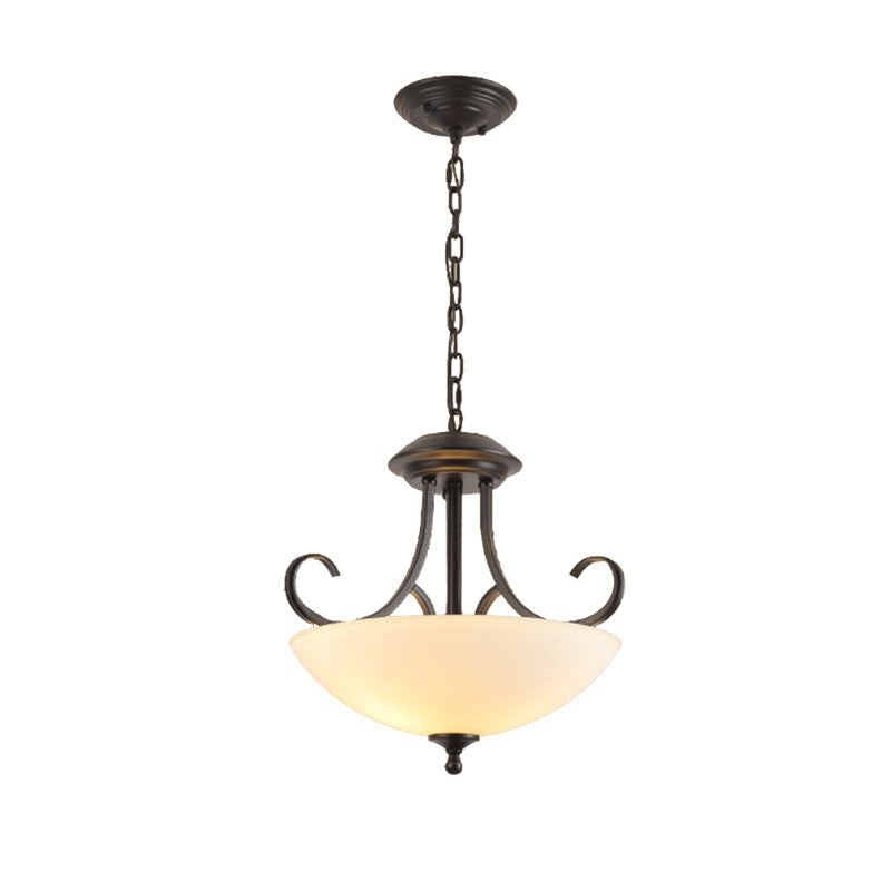 3 Bulbs Bowl Chandelier Light Traditional Black Frosted Glass Hanging Ceiling Fixture Clearhalo 'Ceiling Lights' 'Chandeliers' Lighting' options 206276