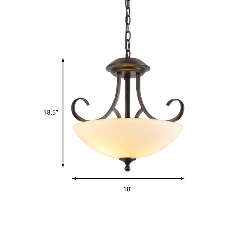 3 Bulbs Bowl Chandelier Light Traditional Black Frosted Glass Hanging Ceiling Fixture Clearhalo 'Ceiling Lights' 'Chandeliers' Lighting' options 206277