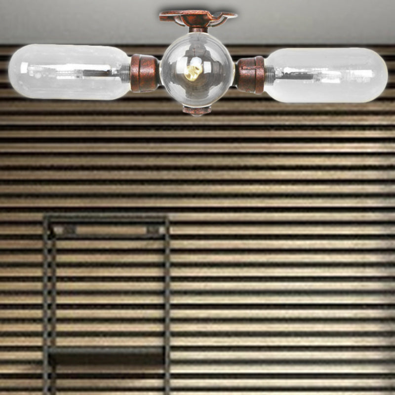 Clear Glass Semi Mount Lighting Industrial Weathered Copper 3/4/5 Light Oval Shade Indoor Ceiling Light with Pipe Design Weathered Copper A Clearhalo 'Ceiling Lights' 'Close To Ceiling Lights' 'Close to ceiling' 'Semi-flushmount' Lighting' 206321