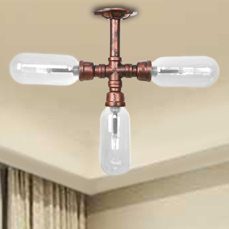 Clear Glass Semi Mount Lighting Industrial Weathered Copper 3/4/5 Light Oval Shade Indoor Ceiling Light with Pipe Design Weathered Copper B Clearhalo 'Ceiling Lights' 'Close To Ceiling Lights' 'Close to ceiling' 'Semi-flushmount' Lighting' 206322