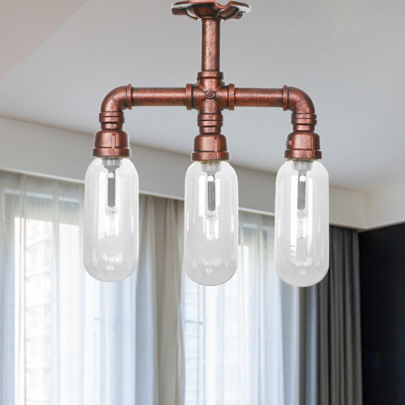 Clear Glass Semi Mount Lighting Industrial Weathered Copper 3/4/5 Light Oval Shade Indoor Ceiling Light with Pipe Design Weathered Copper D Clearhalo 'Ceiling Lights' 'Close To Ceiling Lights' 'Close to ceiling' 'Semi-flushmount' Lighting' 206323