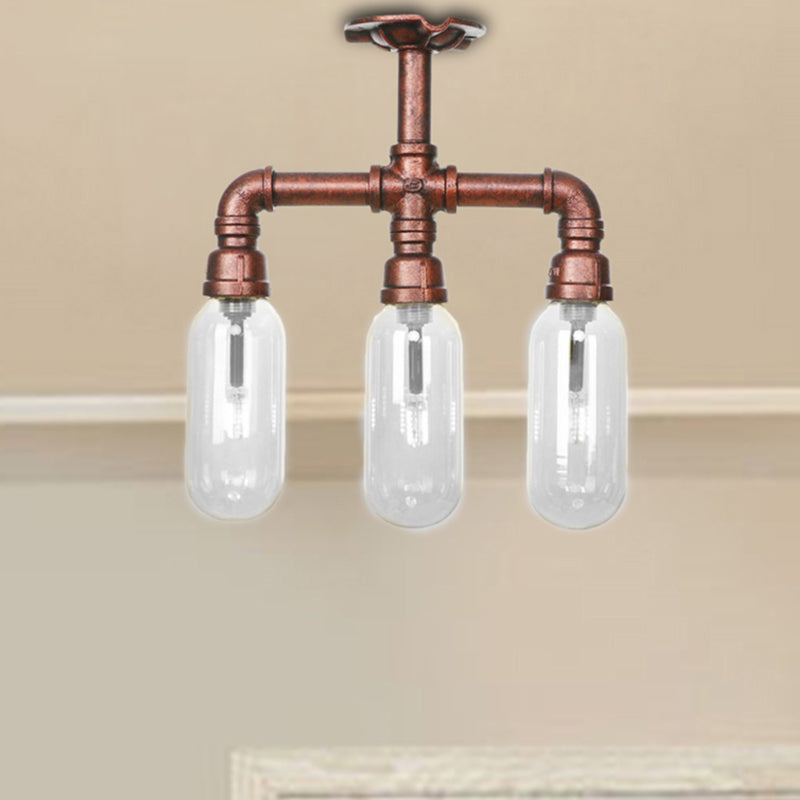 Clear Glass Semi Mount Lighting Industrial Weathered Copper 3/4/5 Light Oval Shade Indoor Ceiling Light with Pipe Design Clearhalo 'Ceiling Lights' 'Close To Ceiling Lights' 'Close to ceiling' 'Semi-flushmount' Lighting' 206324