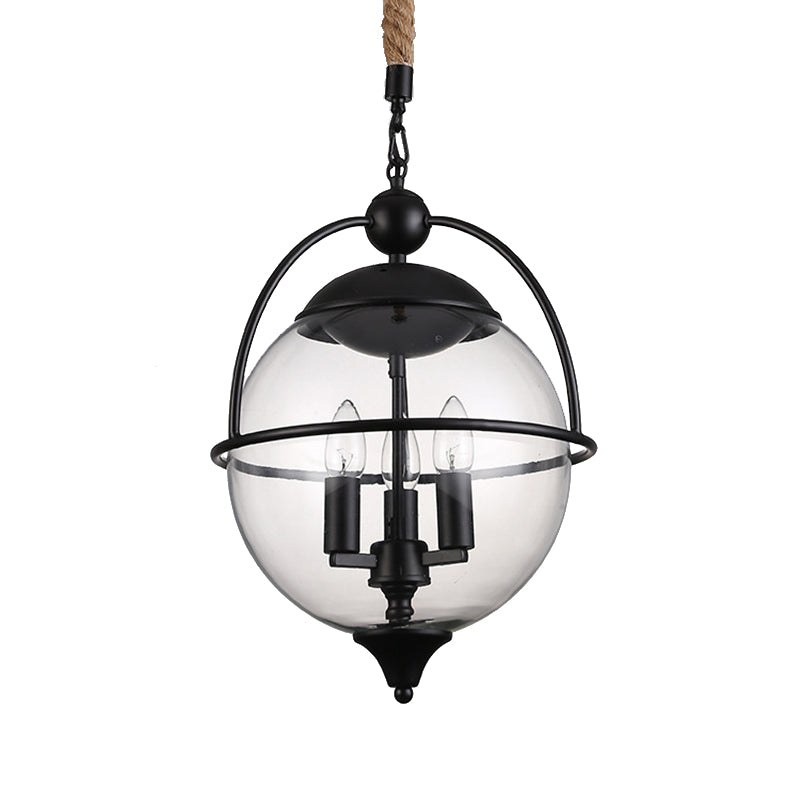 Globe Clear Glass Chandelier Light Traditional 3 Light Living Room Pendant Lighting in Black Clearhalo 'Ceiling Lights' 'Chandeliers' Lighting' options 206328