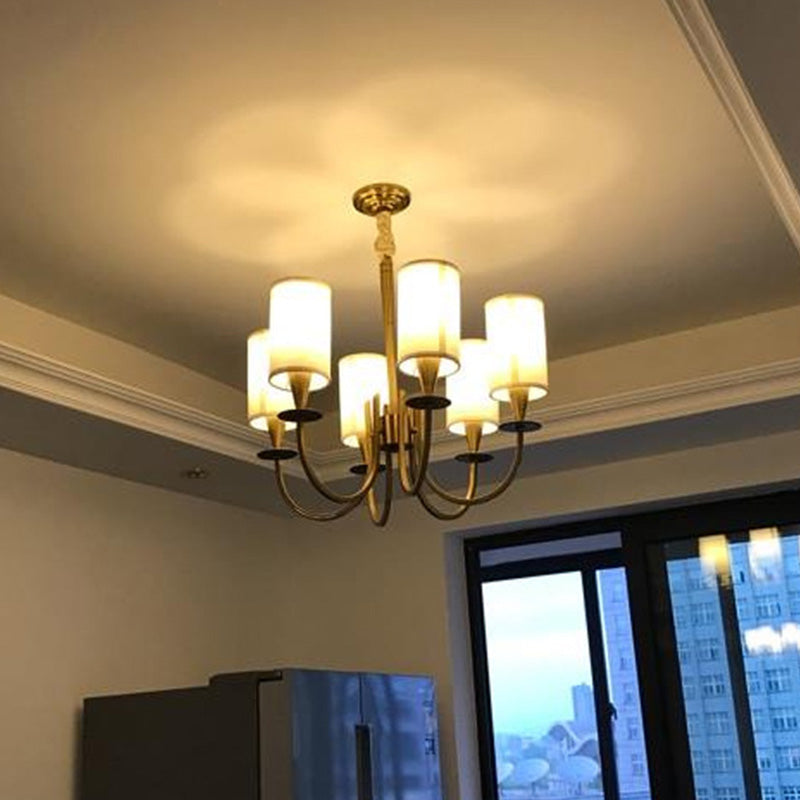 Curved Arm Metal Suspension Light Artistic Antique Brass Chandelier Light with Cylinder Fabric Shade 6 Antique Brass Clearhalo 'Ceiling Lights' 'Chandeliers' 'Modern Chandeliers' 'Modern' Lighting' 2063587