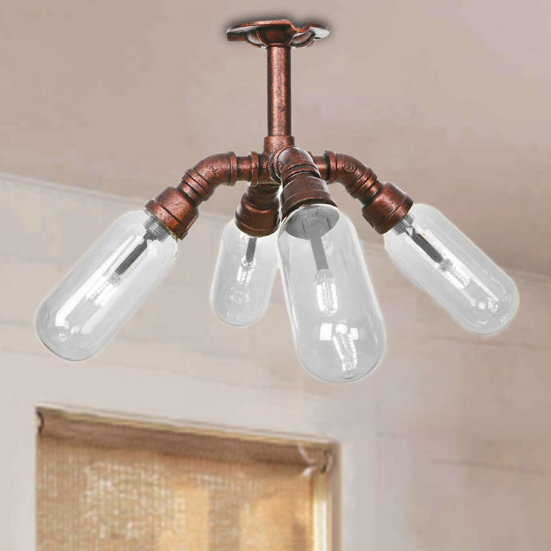 Antique Copper Sputnik Semi Flush Light Vintage Clear Glass 4/6 Light Dining Room Ceiling Lighting Fixture with Pipe Design Clearhalo 'Ceiling Lights' 'Close To Ceiling Lights' 'Close to ceiling' 'Semi-flushmount' Lighting' 206366